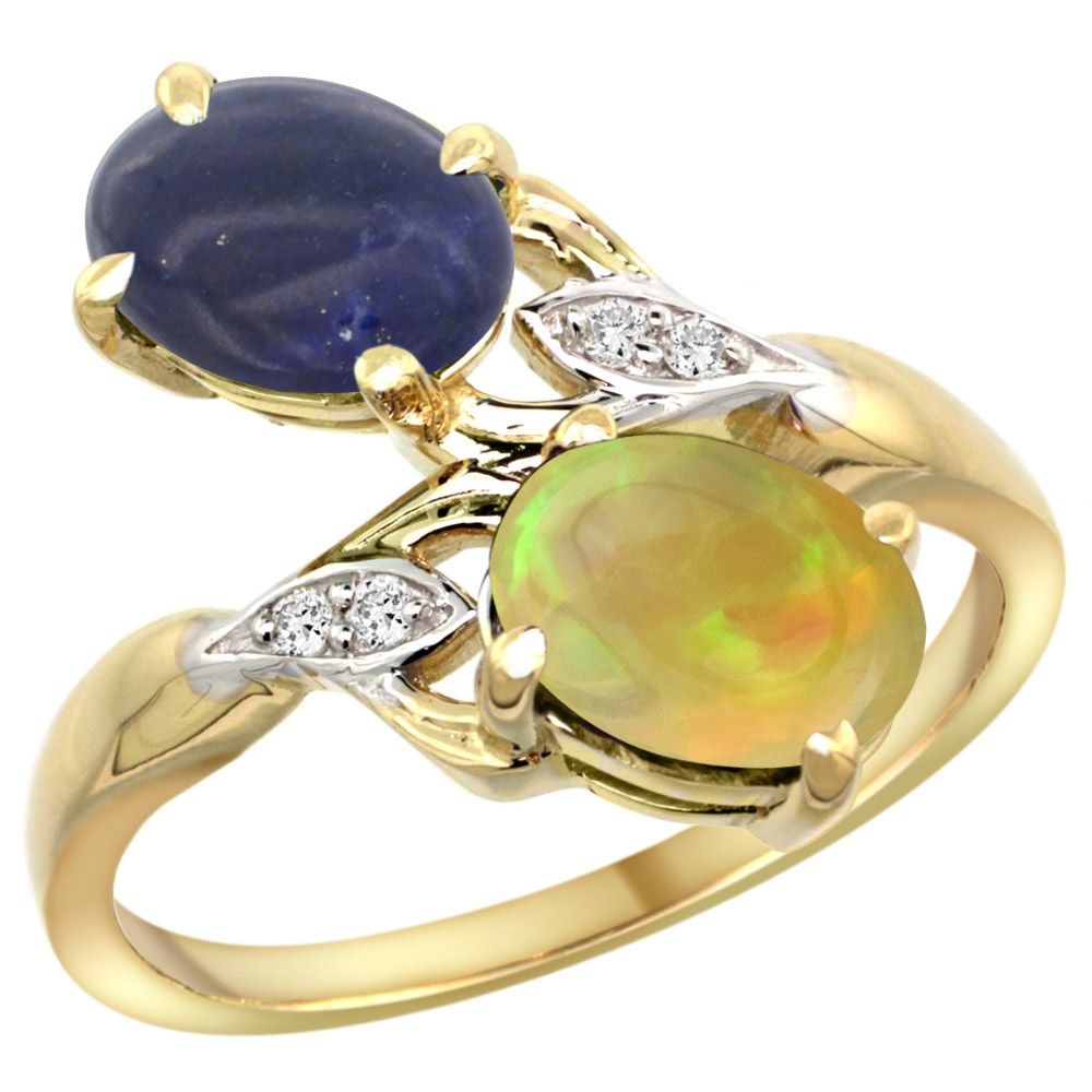 14k Yellow Gold Diamond Natural Lapis & Ethiopian Opal 2-stone Mothers Ring Oval 8x6mm, size 5 - 10