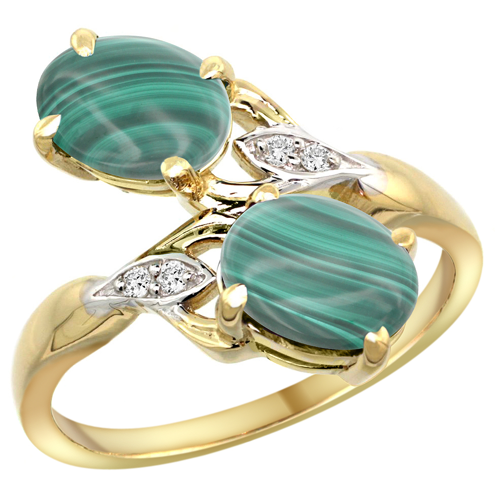14K YELLOW GOLD DIAMOND NATURAL MALACHITE 2-STONE RING OVAL 8X6MM, SIZES 5 - 10