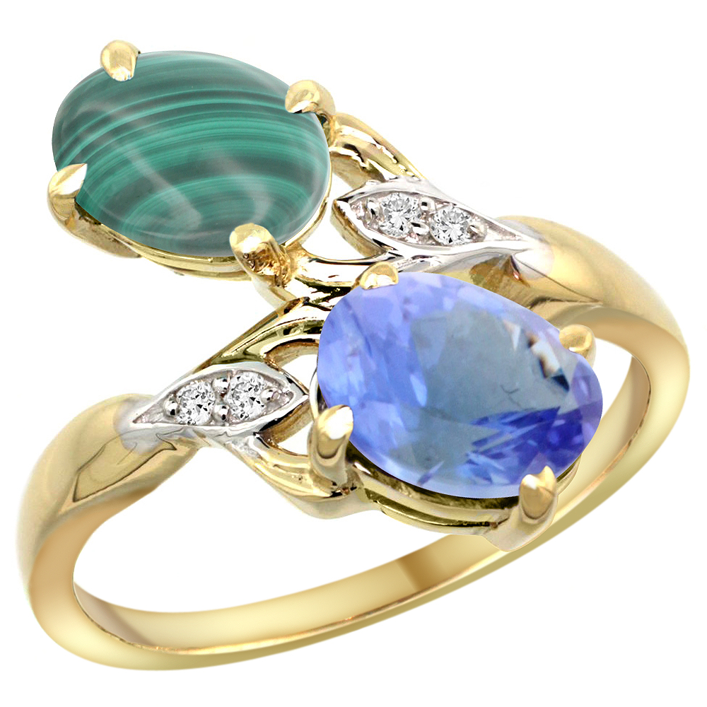 14K YELLOW GOLD DIAMOND NATURAL MALACHITE & TANZANITE 2-STONE RING OVAL 8X6MM, SIZES 5 - 10