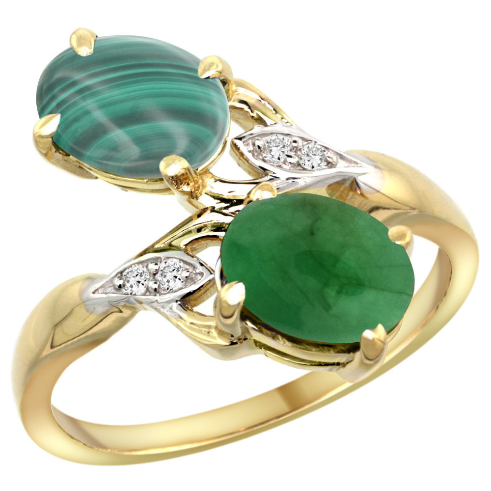 10K Yellow Gold Diamond Natural Malachite &amp; Cabochon Emerald 2-stone Ring Oval 8x6mm, sizes 5 - 10