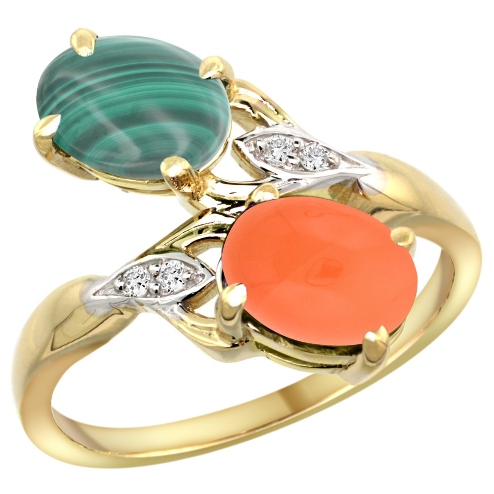 14K YELLOW GOLD DIAMOND NATURAL MALACHITE & ORANGE MOONSTONE 2-STONE RING OVAL 8X6MM, SIZES 5 - 10