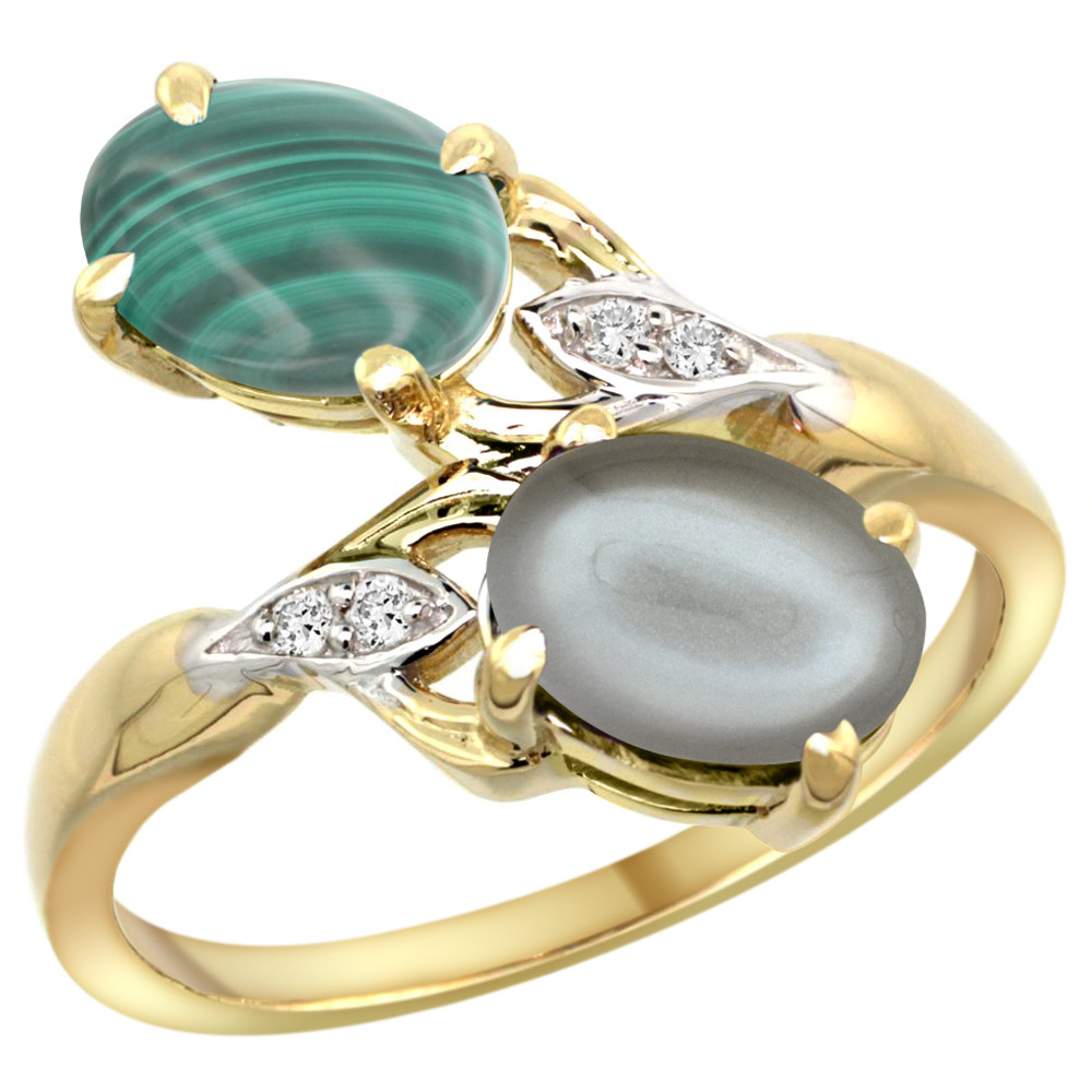 14K YELLOW GOLD DIAMOND NATURAL MALACHITE & GRAY MOONSTONE 2-STONE RING OVAL 8X6MM, SIZES 5 - 10