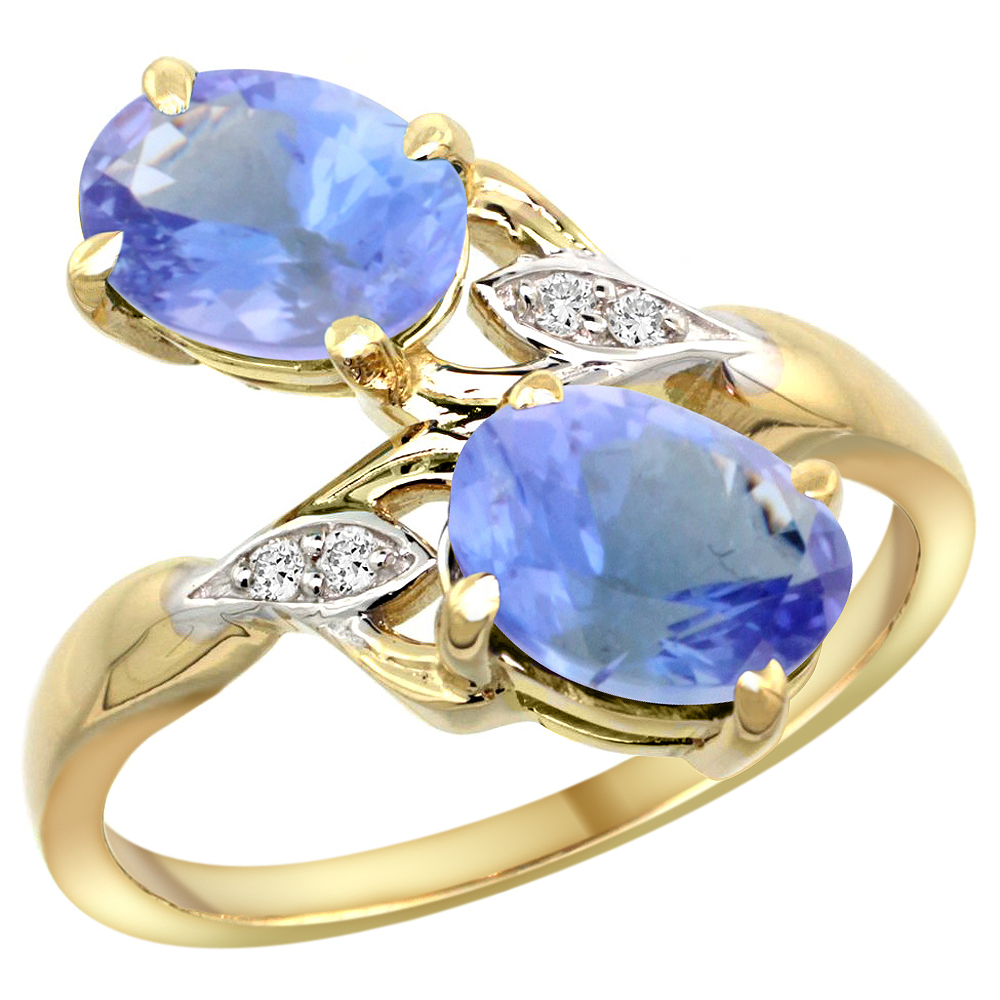 14K YELLOW GOLD DIAMOND NATURAL TANZANITE 2-STONE RING OVAL 8X6MM, SIZES 5 - 10