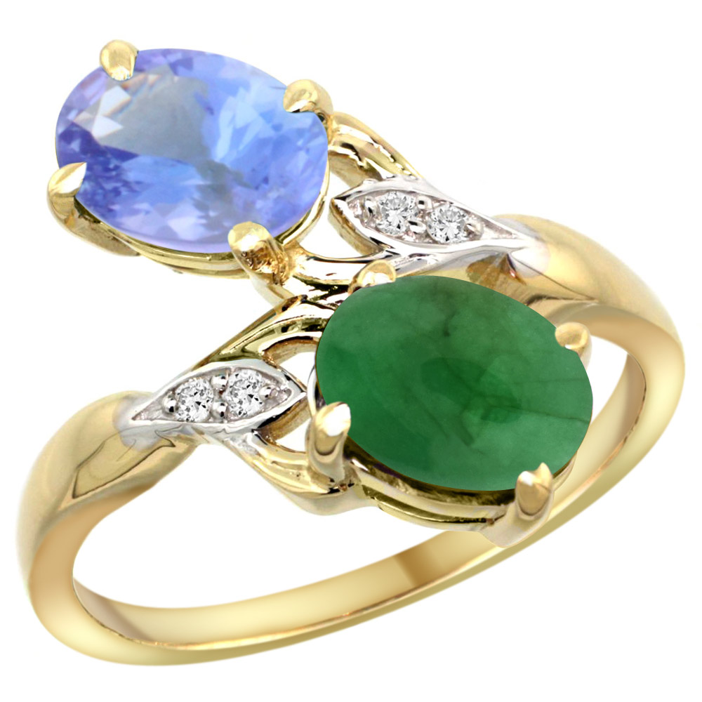 10K Yellow Gold Diamond Natural Tanzanite &amp; Cabochon Emerald 2-stone Ring Oval 8x6mm, sizes 5 - 10