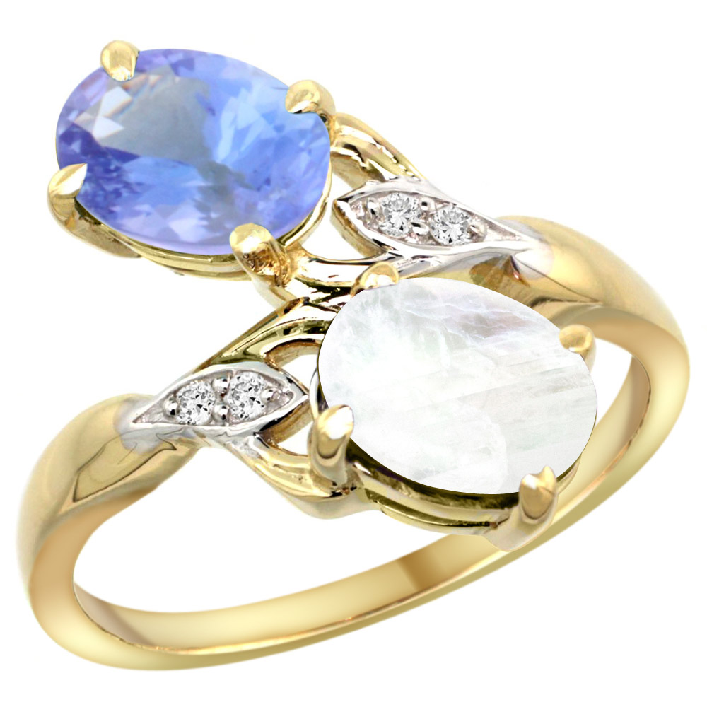 14K YELLOW GOLD DIAMOND NATURAL TANZANITE & RAINBOW MOONSTONE 2-STONE RING OVAL 8X6MM, SIZES 5 - 10