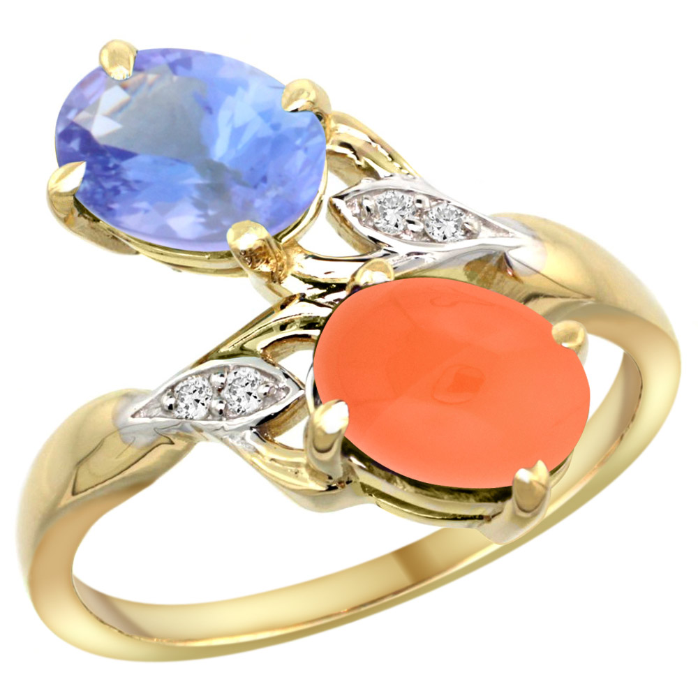 14K YELLOW GOLD DIAMOND NATURAL TANZANITE & ORANGE MOONSTONE 2-STONE RING OVAL 8X6MM, SIZES 5 - 10