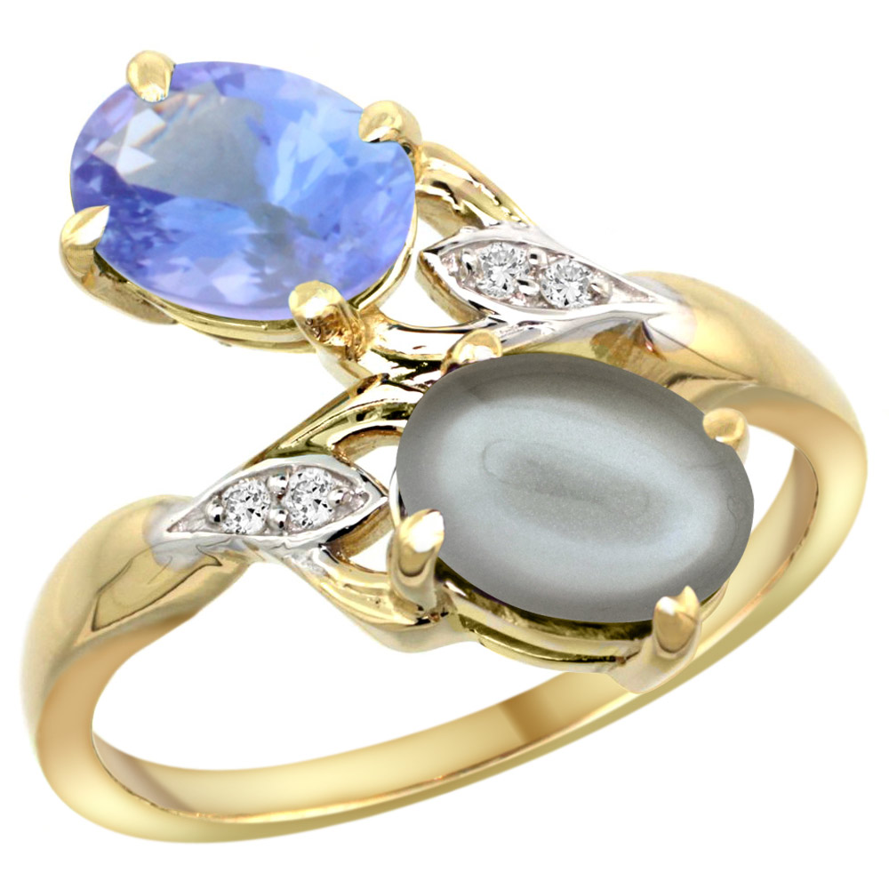 14K YELLOW GOLD DIAMOND NATURAL TANZANITE & GRAY MOONSTONE 2-STONE RING OVAL 8X6MM, SIZES 5 - 10