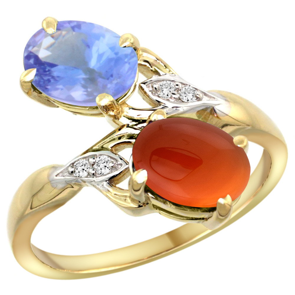 14k Yellow Gold Diamond Natural Tanzanite &amp; Brown Agate 2-stone Ring Oval 8x6mm, sizes 5 - 10