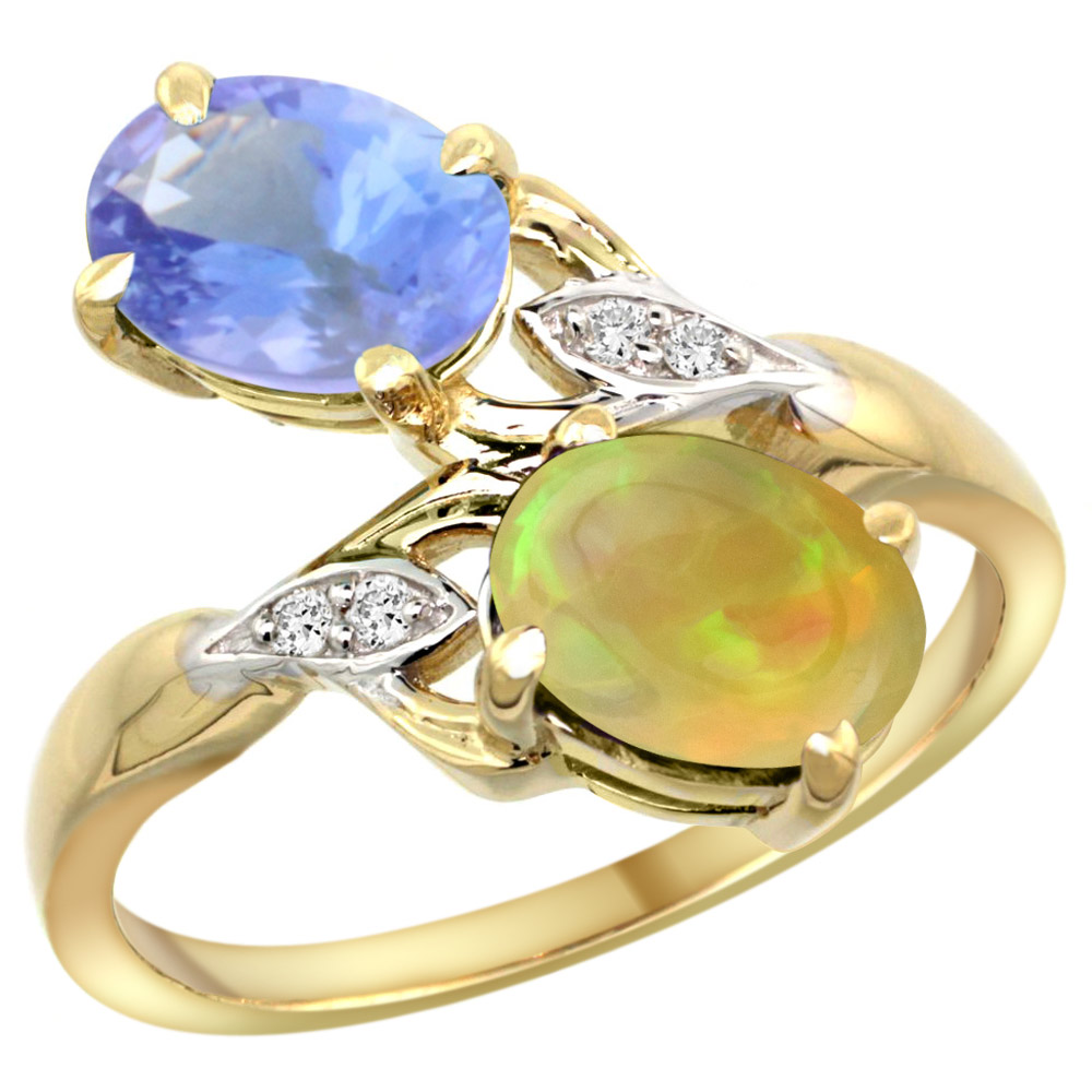 14K YELLOW GOLD DIAMOND NATURAL TANZANITE & ETHIOPIAN OPAL 2-STONE MOTHERS RING OVAL 8X6MM, SIZE 5 - 10
