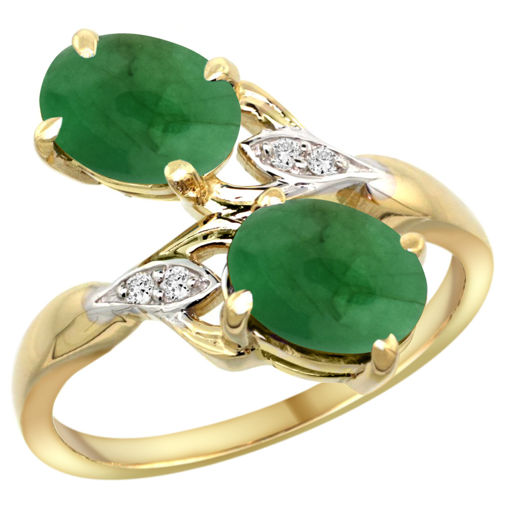 10K Yellow Gold Diamond Natural Cabochon Emerald 2-stone Ring Oval 8x6mm, sizes 5 - 10