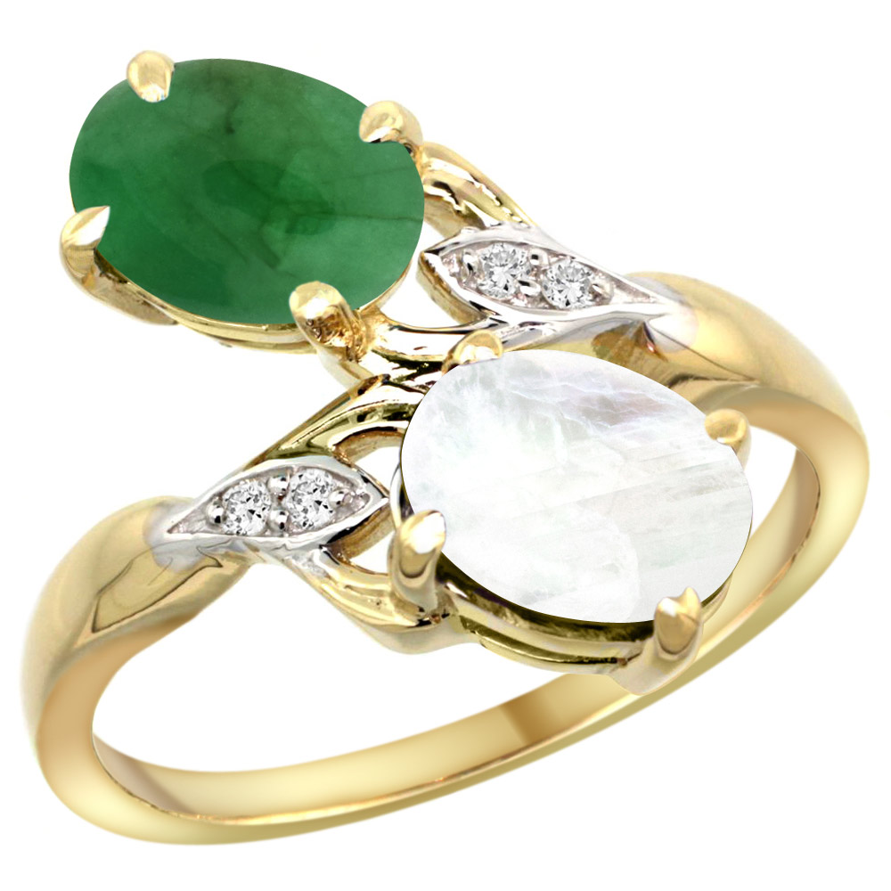 14K YELLOW GOLD DIAMOND NATURAL CABOCHON EMERALD & RAINBOW MOONSTONE 2-STONE RING OVAL 8X6MM, SIZES 5 - 10