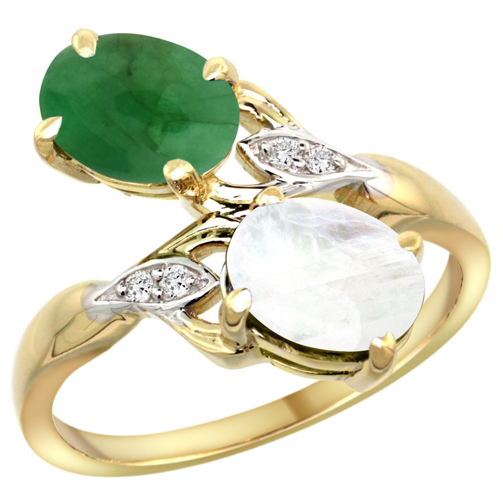 10K Yellow Gold Diamond Natural Cabochon Emerald & Rainbow Moonstone 2-stone Ring Oval 8x6mm, sizes 5 - 10