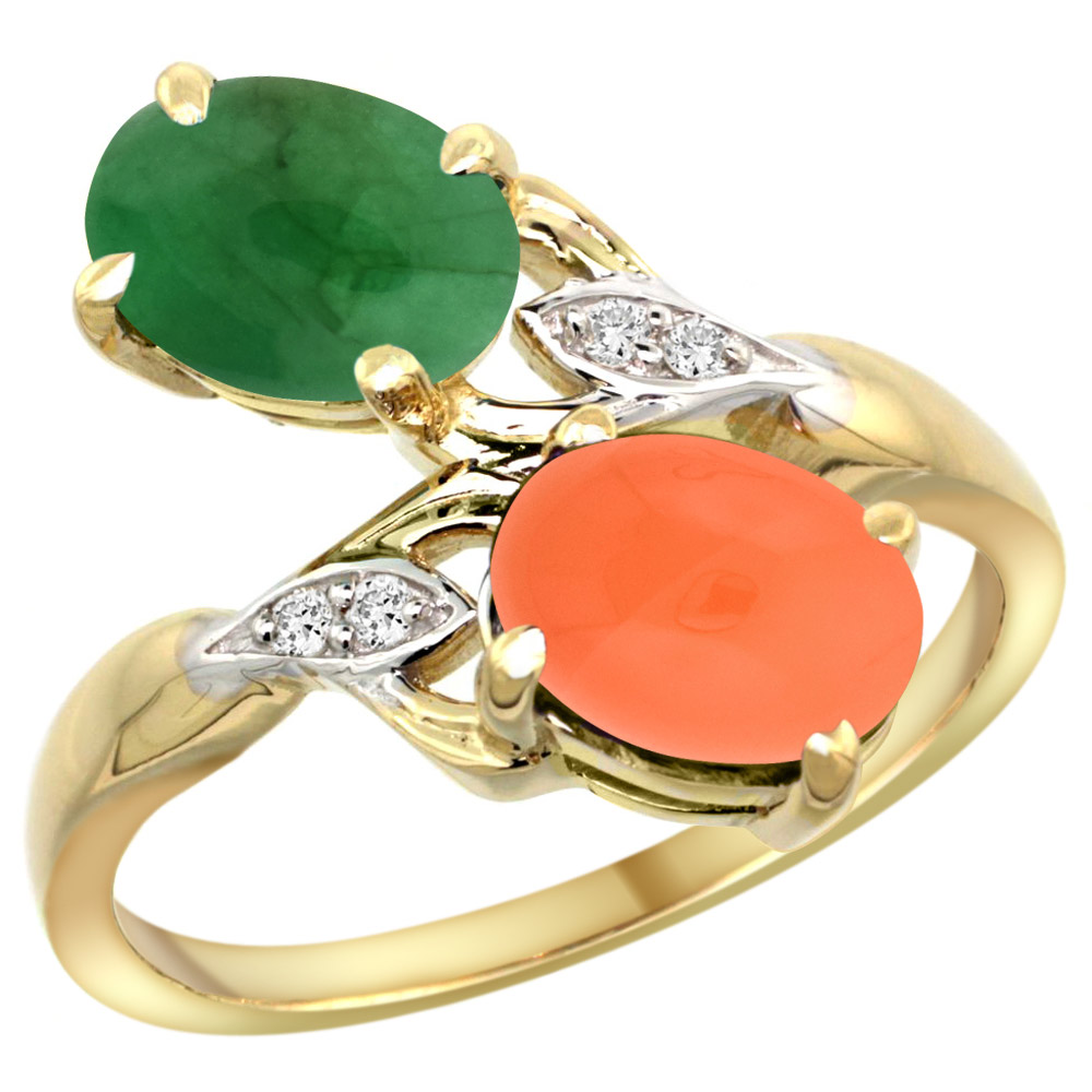 14K YELLOW GOLD DIAMOND NATURAL CABOCHON EMERALD & ORANGE MOONSTONE 2-STONE RING OVAL 8X6MM, SIZES 5 - 10