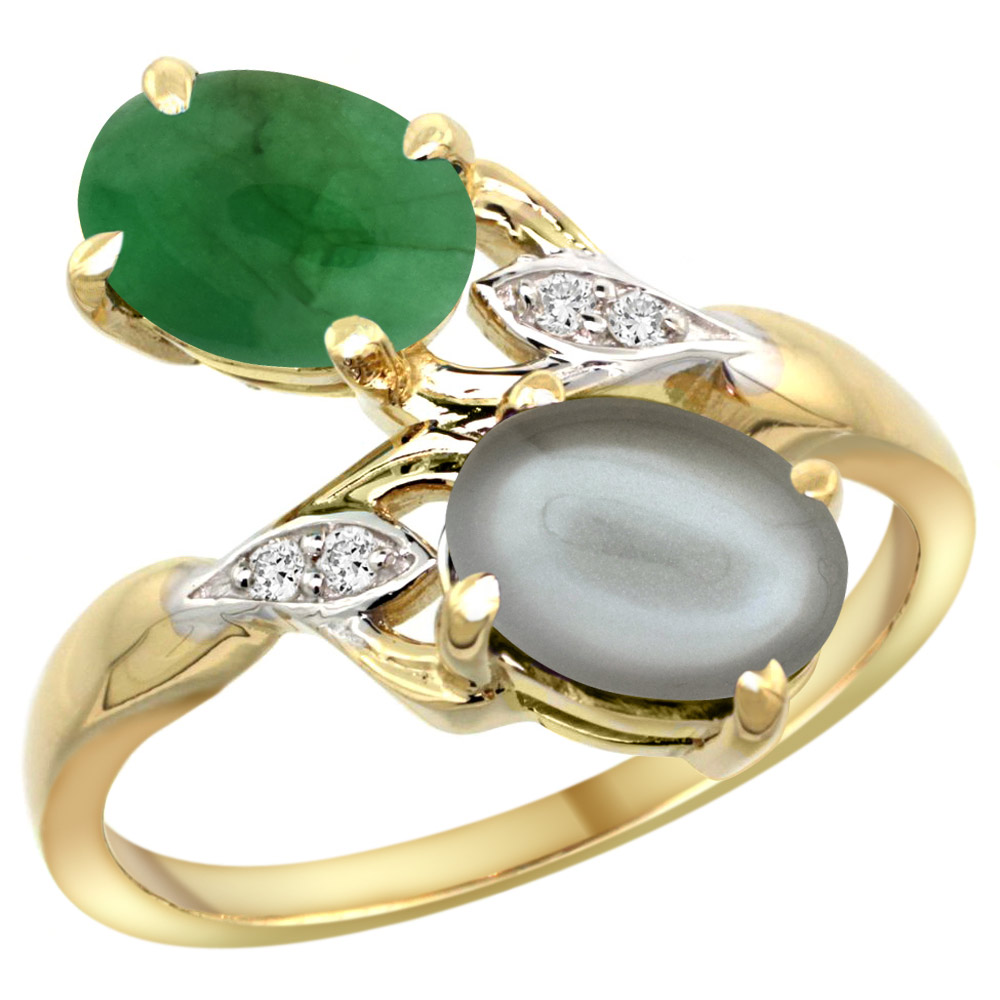 14k Yellow Gold Diamond Natural Cabochon Emerald &amp; Gray Moonstone 2-stone Ring Oval 8x6mm, sizes 5 - 10