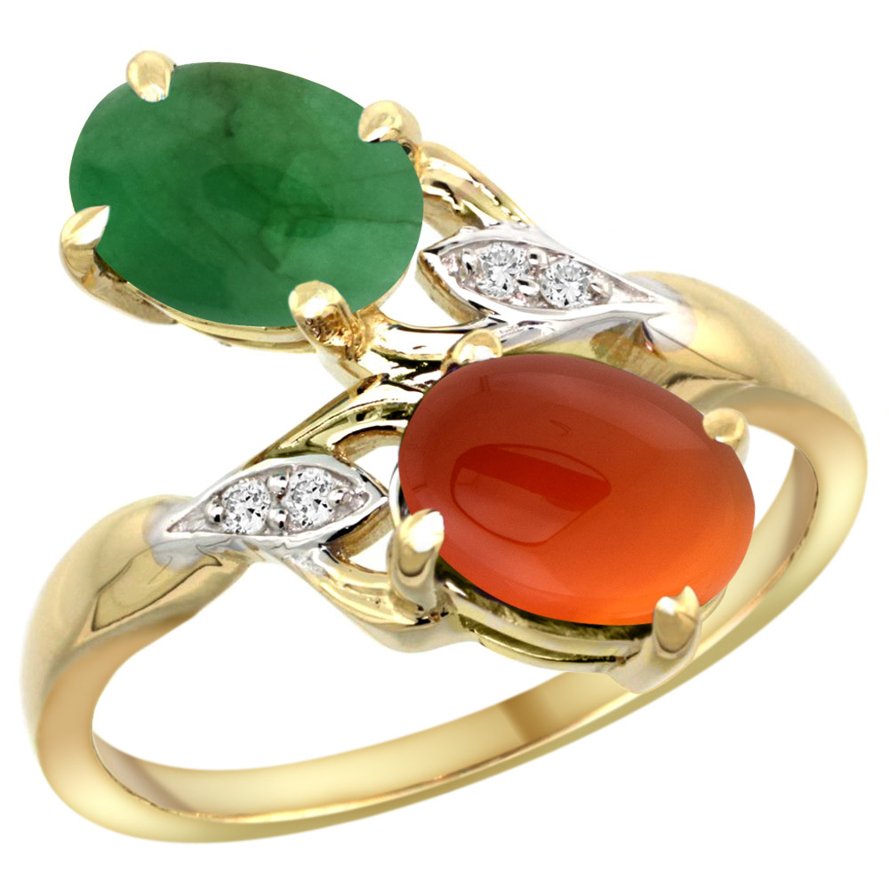 14k Yellow Gold Diamond Natural Cabochon Emerald &amp; Brown Agate 2-stone Ring Oval 8x6mm, sizes 5 - 10
