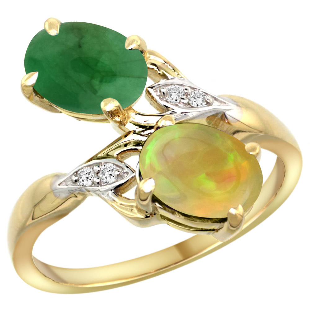 14k Yellow Gold Diamond Natural Cabochon Emerald &amp; Ethiopian Opal 2-stone Mothers Ring Oval8x6mm,sz5-10
