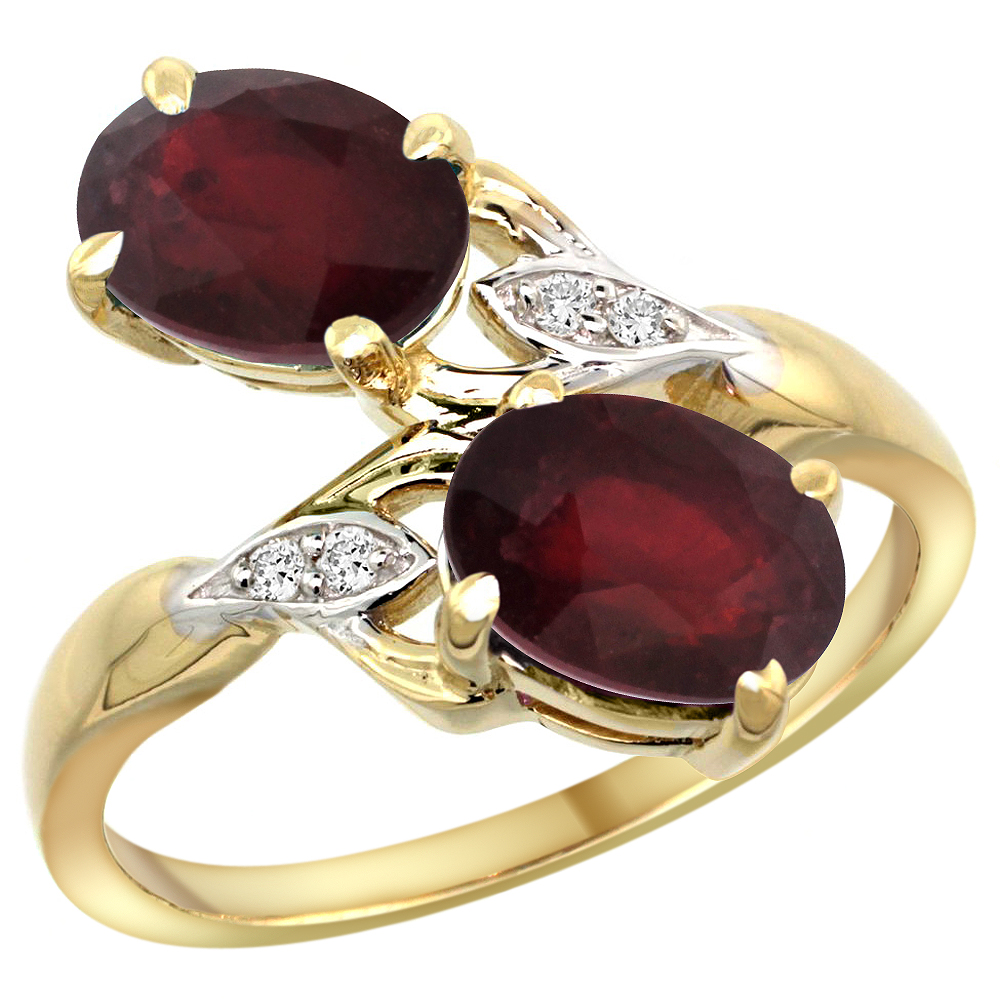 14K YELLOW GOLD DIAMOND NATURAL QUALITY RUBY & ENHANCED GENUINE RUBY 2-STONE RING OVAL 8X6MM, SIZE 5 - 10