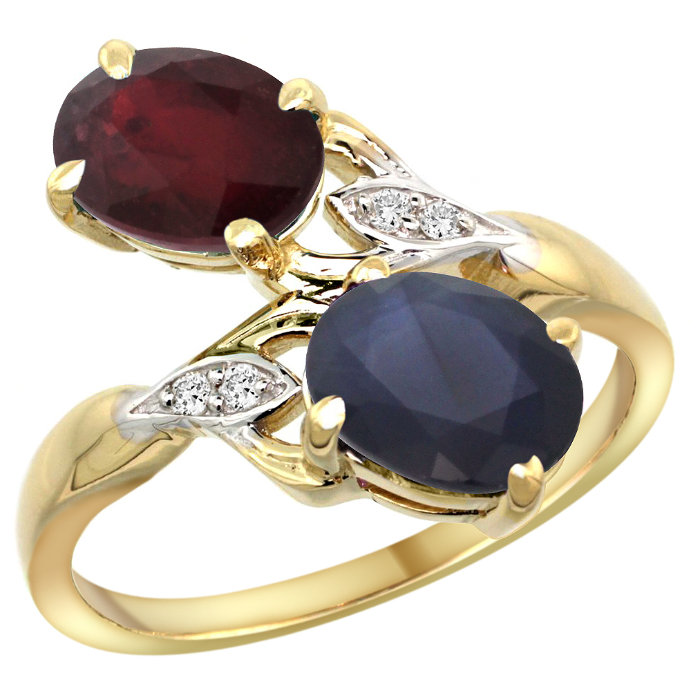 14K YELLOW GOLD DIAMOND NATURAL QUALITY RUBY & BLUE SAPPHIRE 2-STONE MOTHERS RING OVAL 8X6MM, SIZE 5 - 10