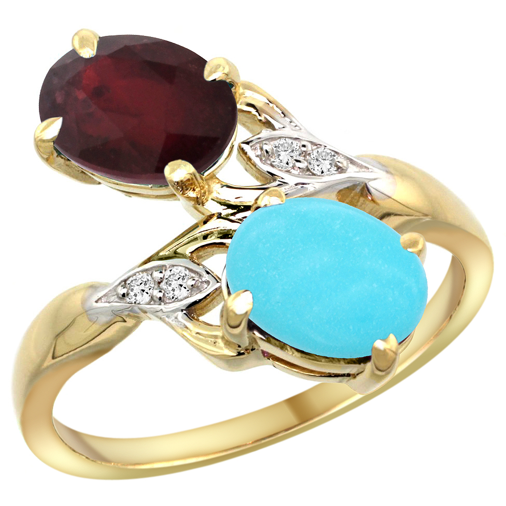 14K YELLOW GOLD DIAMOND NATURAL QUALITY RUBY & TURQUOISE 2-STONE MOTHERS RING OVAL 8X6MM, SIZE 5 - 10