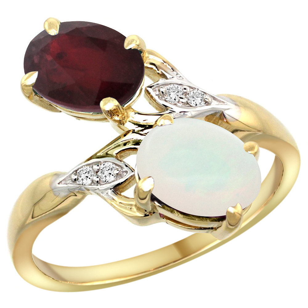 14k Yellow Gold Diamond Natural Quality Ruby & Opal 2-stone Mothers Ring Oval 8x6mm, size 5 - 10