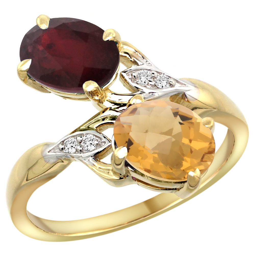 14k Yellow Gold Diamond Natural Quality Ruby & Whisky Quartz 2-stone Mothers Ring Oval 8x6mm, size 5 - 10