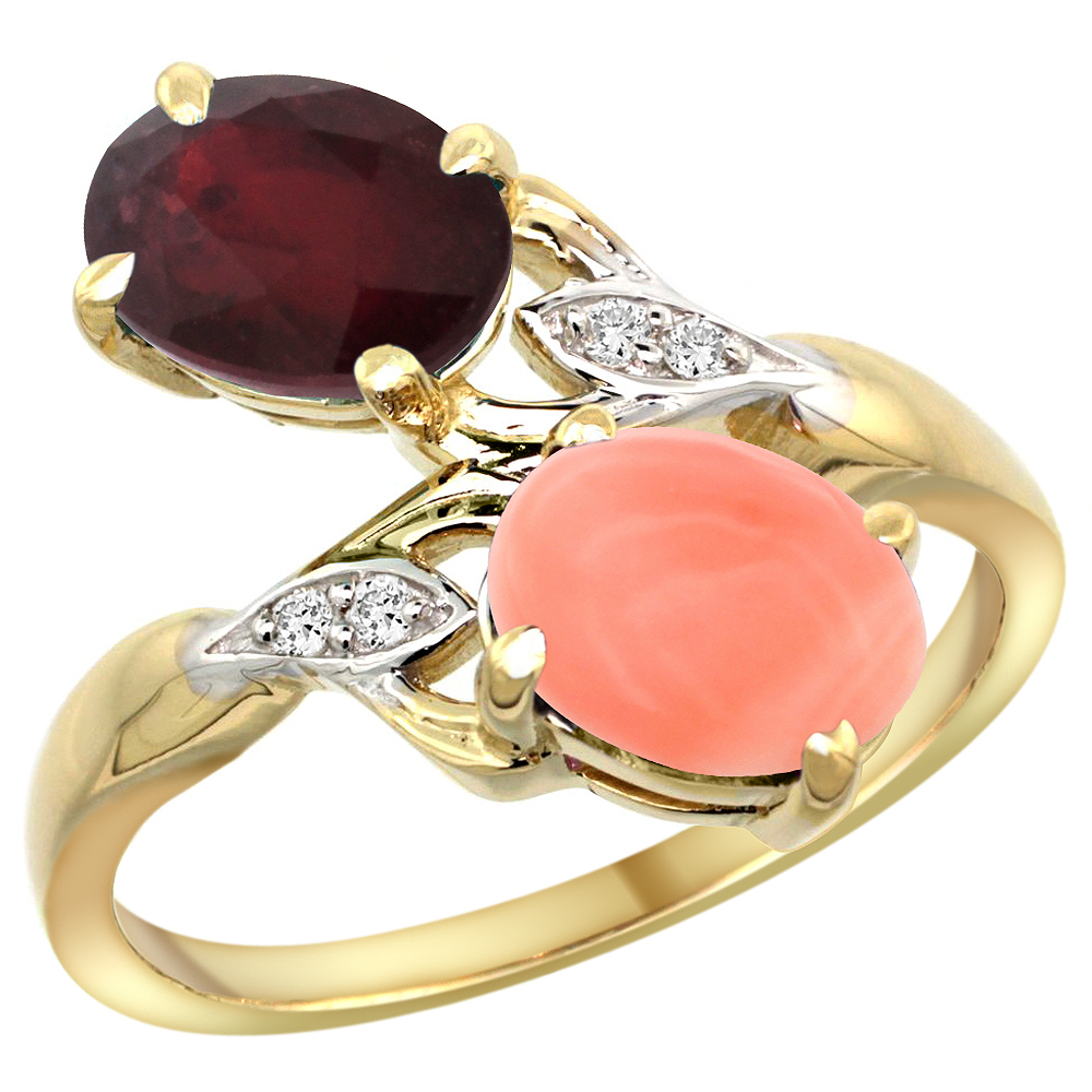 14k Yellow Gold Diamond Natural Quality Ruby &amp; Coral 2-stone Mothers Ring Oval 8x6mm, size 5 - 10