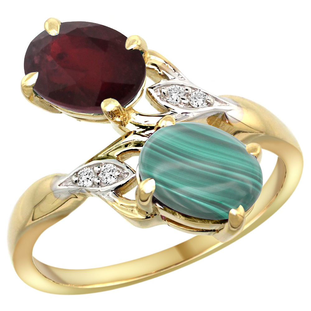 14K YELLOW GOLD DIAMOND NATURAL QUALITY RUBY & MALACHITE 2-STONE MOTHERS RING OVAL 8X6MM, SIZE 5 - 10