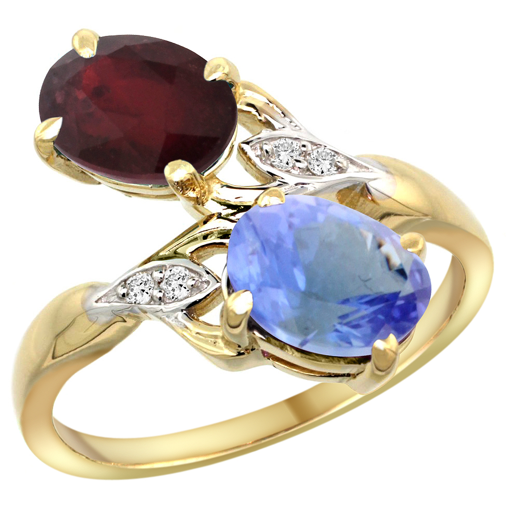 14K YELLOW GOLD DIAMOND NATURAL QUALITY RUBY & TANZANITE 2-STONE MOTHERS RING OVAL 8X6MM, SIZE 5 - 10