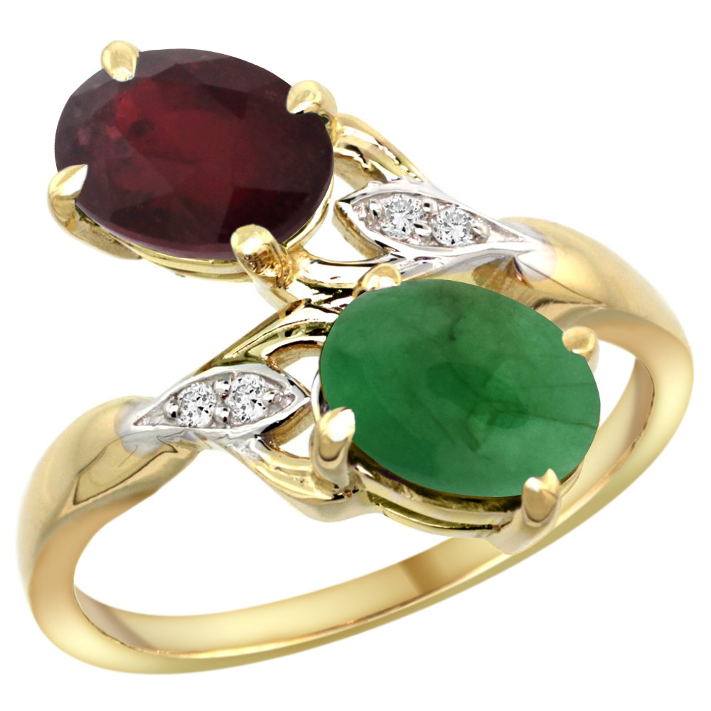 14K YELLOW GOLD DIAMOND NATURAL QUALITY RUBY & CABOCHON EMERALD 2-STONE MOTHERS RING OVAL 8X6MM,SZ5 - 10