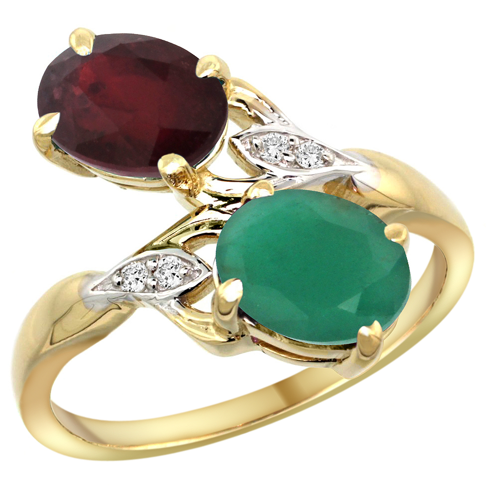 14k Yellow Gold Diamond Natural Quality Ruby &amp; Quality Emerald 2-stone Mothers Ring Oval 8x6mm, sz 5 - 10