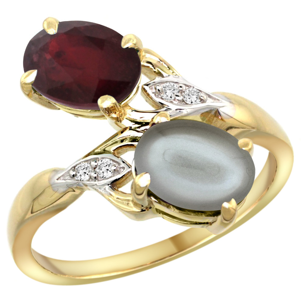 10K YELLOW GOLD DIAMOND NATURAL RUBY GRAY MOONSTONE 2-STONE MOTHERS RING OVAL 8X6MM SIZE 5 - 10
