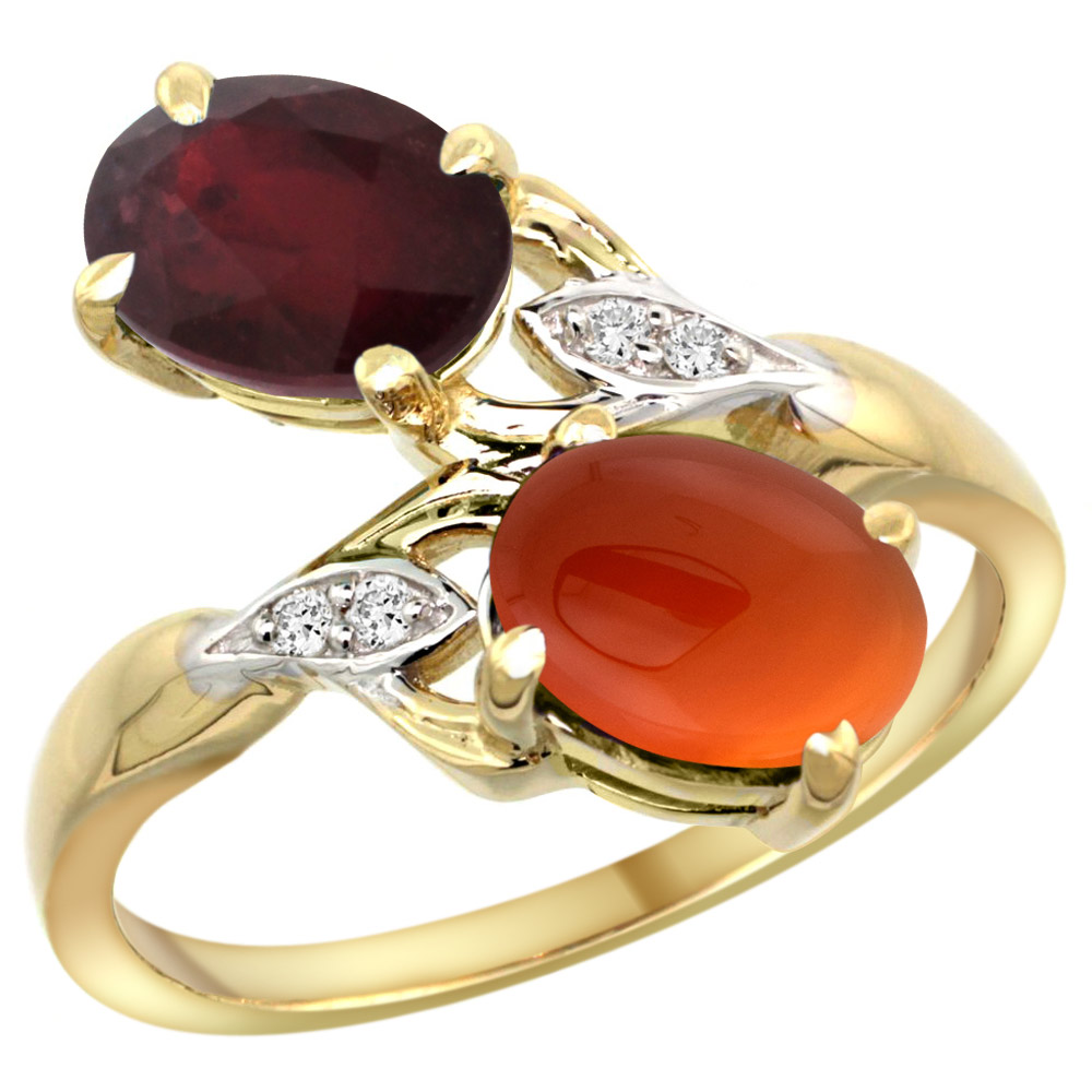 14k Yellow Gold Diamond Natural Quality Ruby & Brown Agate 2-stone Mothers Ring Oval 8x6mm, size 5 - 10
