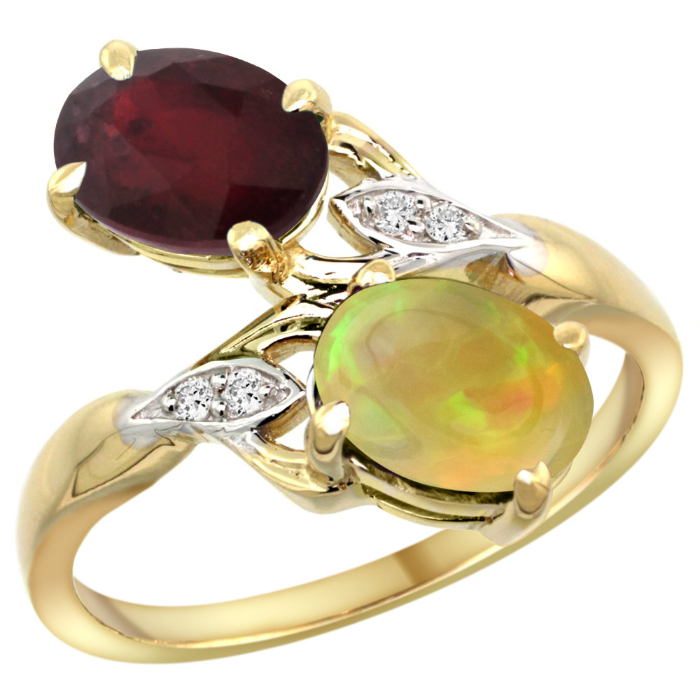 10K Yellow Gold Diamond Natural Quality Ruby & Ethiopian Opal 2-stone Mothers Ring Oval 8x6mm, size5 - 10