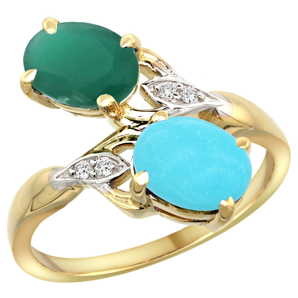 10K YELLOW GOLD DIAMOND NATURAL EMERALD TURQUOISE 2-STONE MOTHERS RING OVAL 8X6MM SIZE 5 - 10