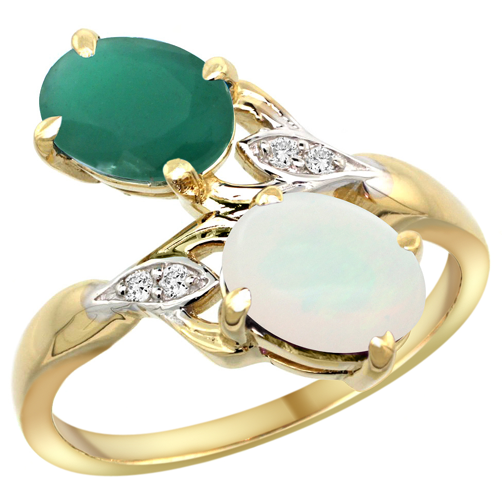 14k Yellow Gold Diamond Natural Quality Emerald &amp; Opal 2-stone Mothers Ring Oval 8x6mm, size 5 - 10