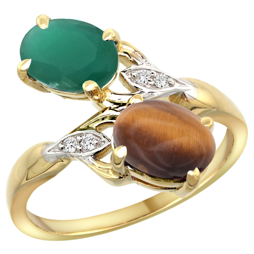 10K YELLOW GOLD DIAMOND NATURAL EMERALD TIGER EYE 2-STONE MOTHERS RING OVAL 8X6MM SIZE 5 - 10