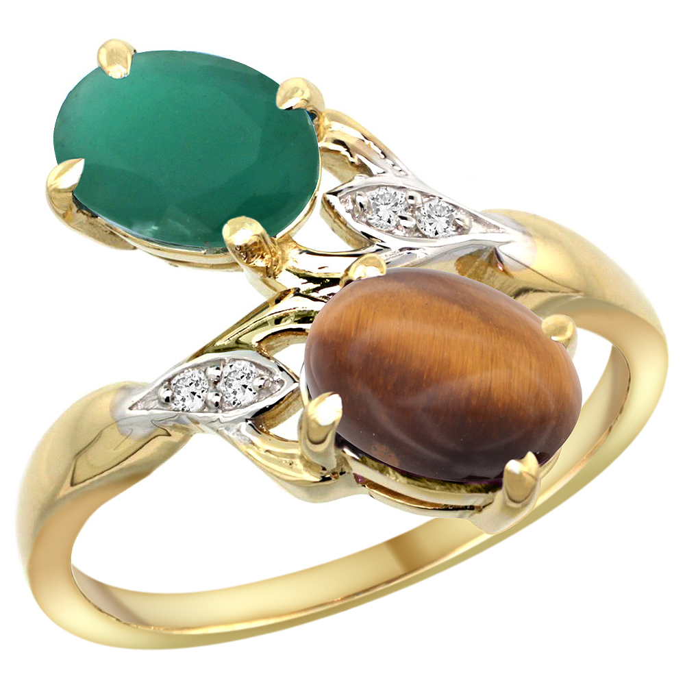 10K Yellow Gold Diamond Natural Quality Emerald &amp; Tiger Eye 2-stone Mothers Ring Oval 8x6mm, size 5 - 10