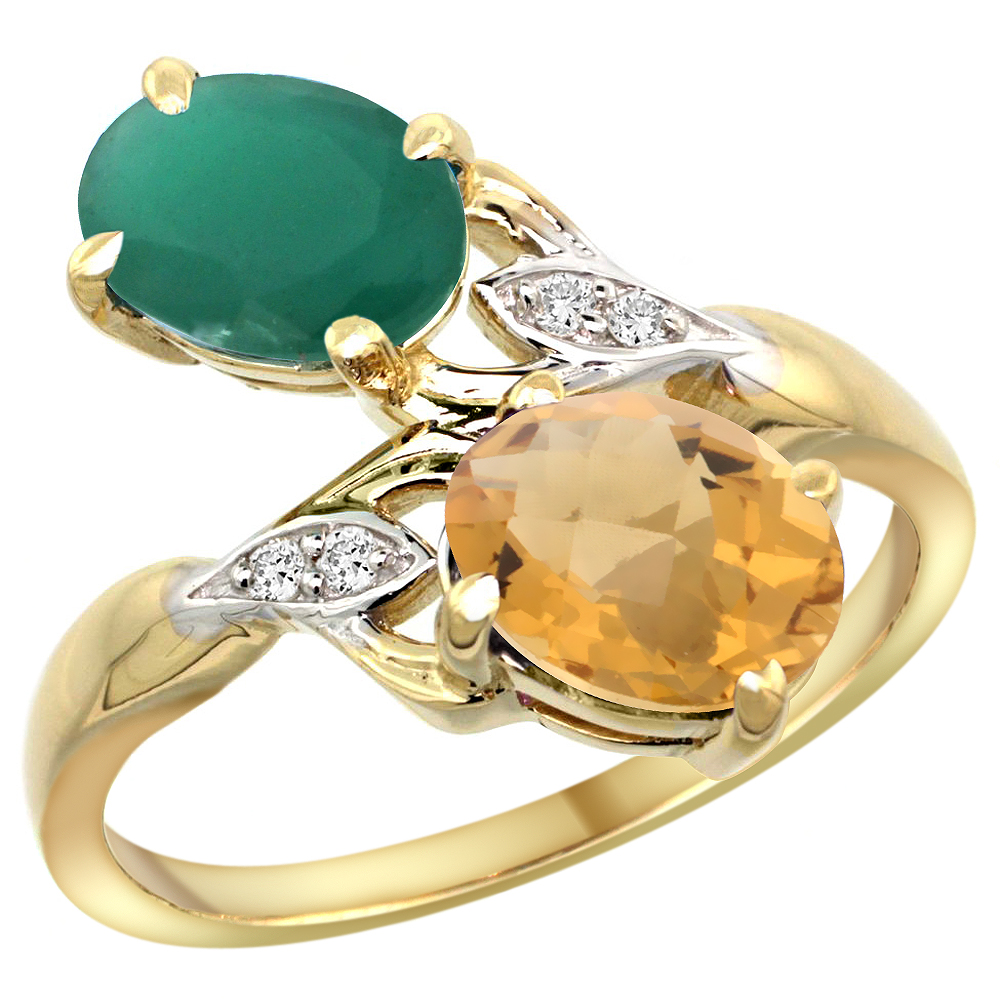 14k Yellow Gold Diamond Natural Quality Emerald &amp; Whisky Quartz 2-stone Mothers Ring Oval 8x6mm,size5-10
