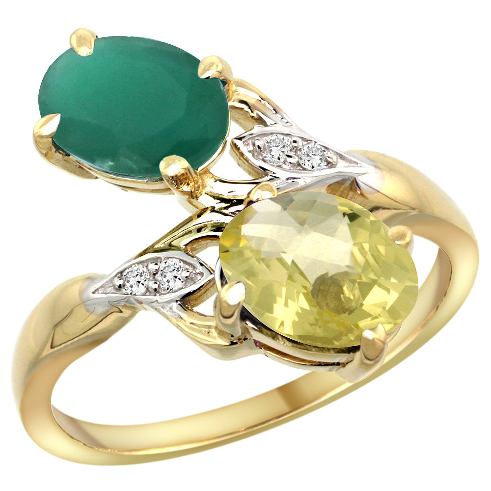 14k Yellow Gold Diamond Natural Quality Emerald &amp; Lemon Quartz 2-stone Mothers Ring Oval 8x6mm, sz 5 - 10