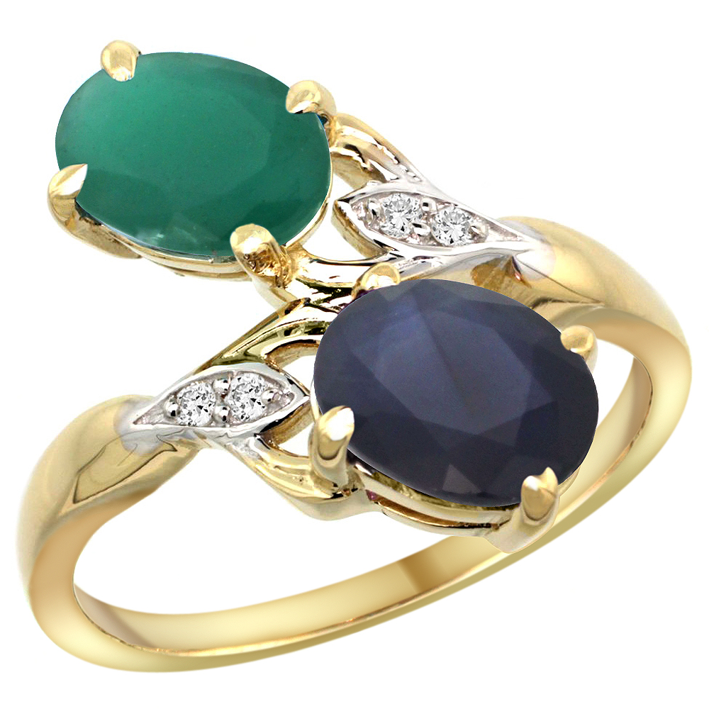 10K Yellow Gold Diamond Natural Quality Emerald &amp; Australian Sapphire 2-stone Ring Oval 8x6mm,size5-10