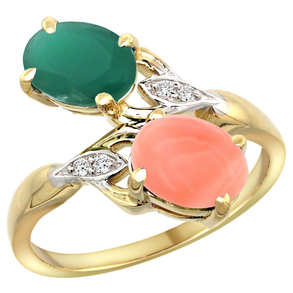 14k Yellow Gold Diamond Natural Quality Emerald &amp; Coral 2-stone Mothers Ring Oval 8x6mm, size 5 - 10