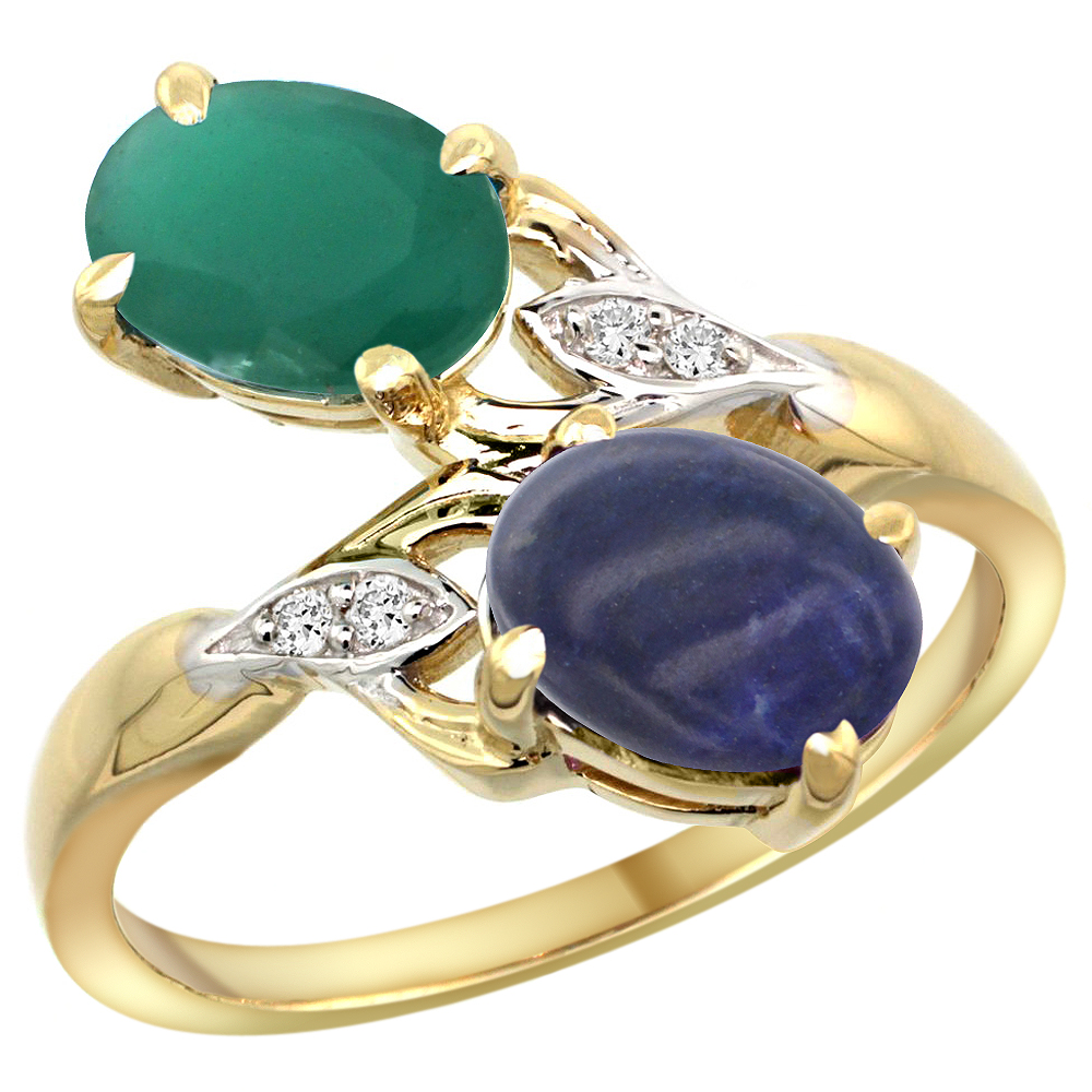 10K Yellow Gold Diamond Natural Quality Emerald & Lapis 2-stone Mothers Ring Oval 8x6mm, size 5 - 10