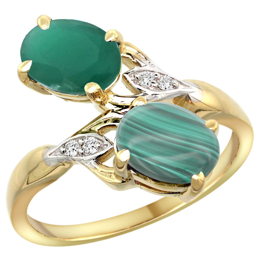 10K Yellow Gold Diamond Natural Quality Emerald & Malachite 2-stone Mothers Ring Oval 8x6mm, size 5 - 10