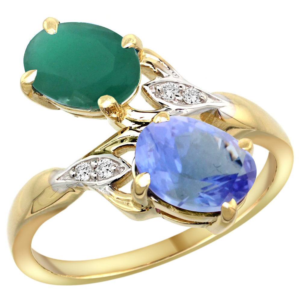 10K YELLOW GOLD DIAMOND NATURAL EMERALD TANZANITE 2-STONE MOTHERS RING OVAL 8X6MM SIZE 5 - 10
