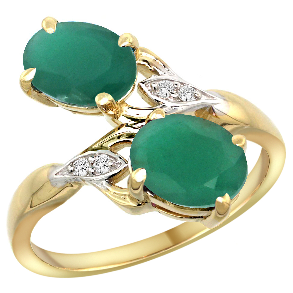 10K Yellow Gold Diamond Natural Quality Emerald 2-stone Mothers Ring Oval 8x6mm, size 5 - 10