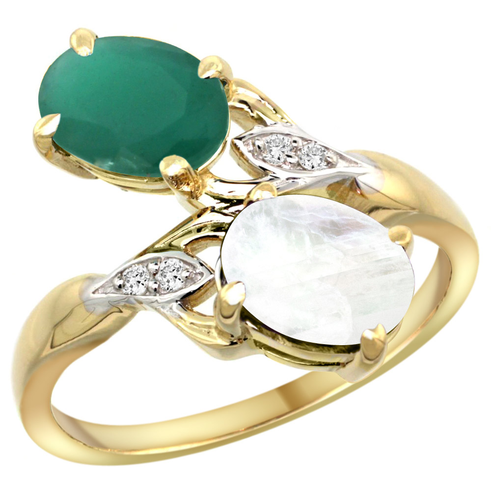 10K Yellow Gold Diamond Natural Quality Emerald&amp;Rainbow Moonstone 2-stone Mothers Ring Oval 8x6mm,sz 5-10