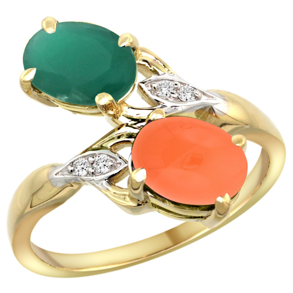 14k Yellow Gold Diamond Natural Quality Emerald&amp;Orange Moonstone 2-stone Mothers Ring Oval 8x6mm,sz5 - 10