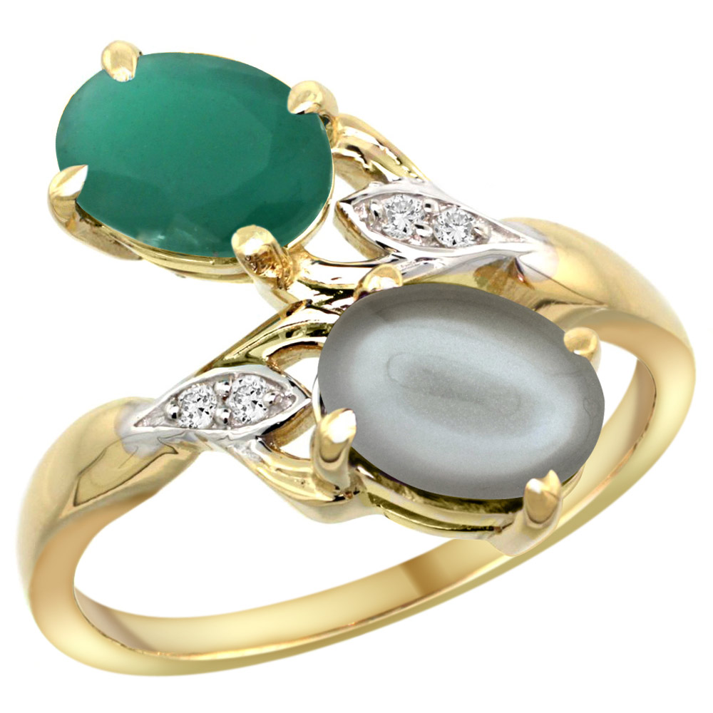 14k Yellow Gold Diamond Natural Quality Emerald &amp; Gray Moonstone 2-stone Mothers Ring Oval 8x6mm,sz5 - 10
