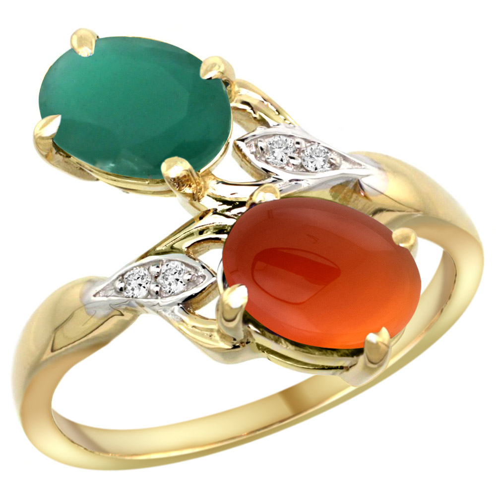14k Yellow Gold Diamond Natural Quality Emerald &amp; Brown Agate 2-stone Mothers Ring Oval 8x6mm, size5 - 10