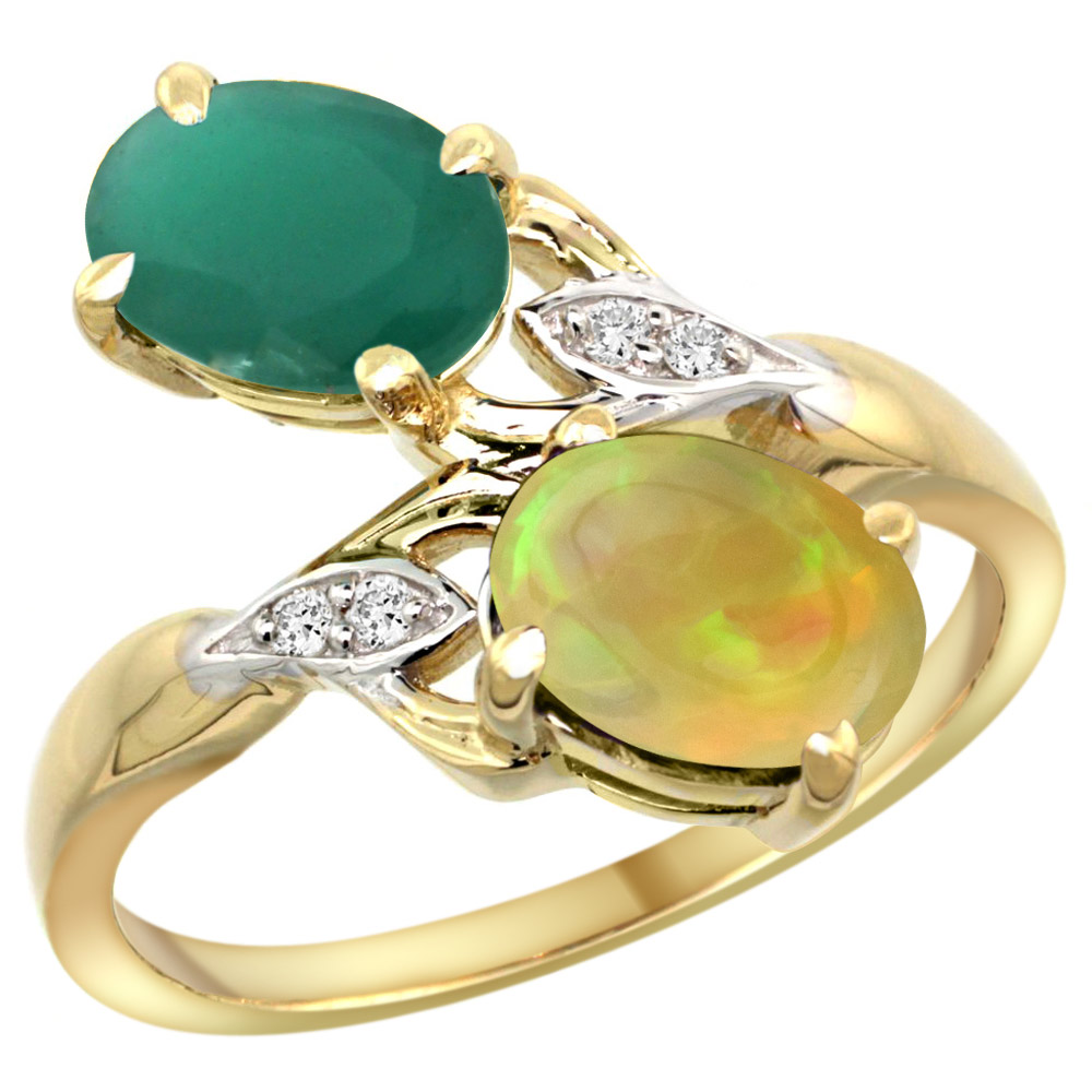10K YELLOW GOLD DIAMOND NATURAL EMERALD ETHIOPIAN OPAL 2-STONE MOTHERS RING OVAL 8X6MM SIZE 5 - 10